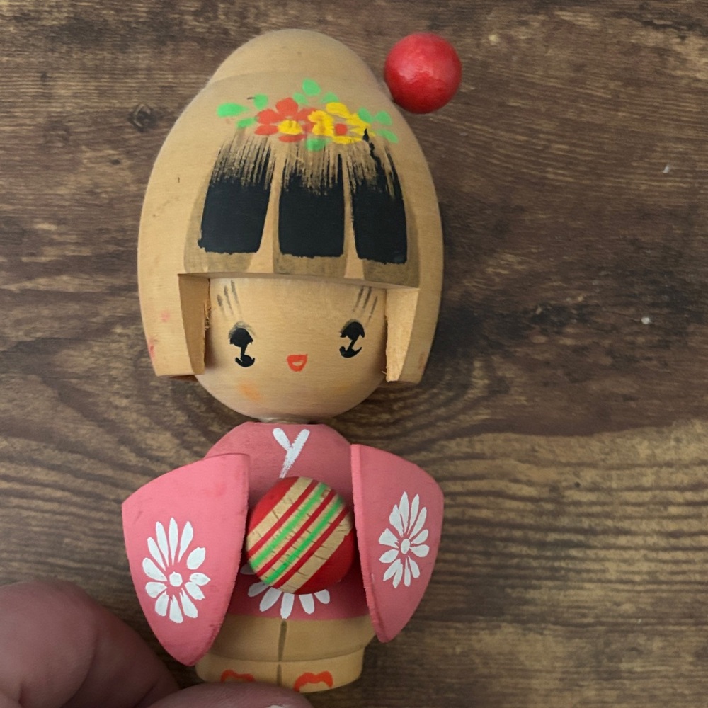 Handcrafted Wooden Kokeshi Doll - Pink and Red